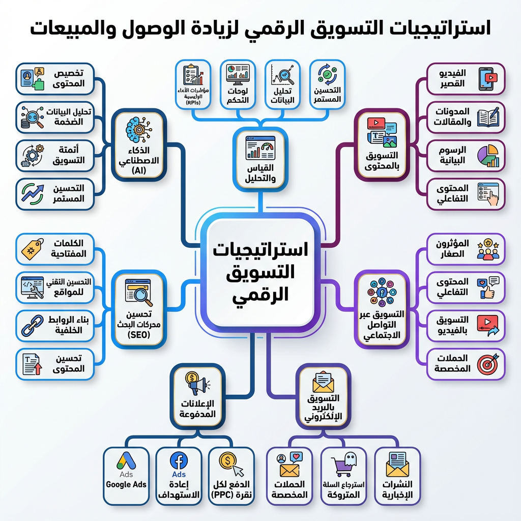 خريطة-ذهنية-استراتيجيات-التسويق-الرقمي إطلاق العنان للنمو الرقمي: استراتيجيات التسويق الذكية لعام 2026 وما بعده